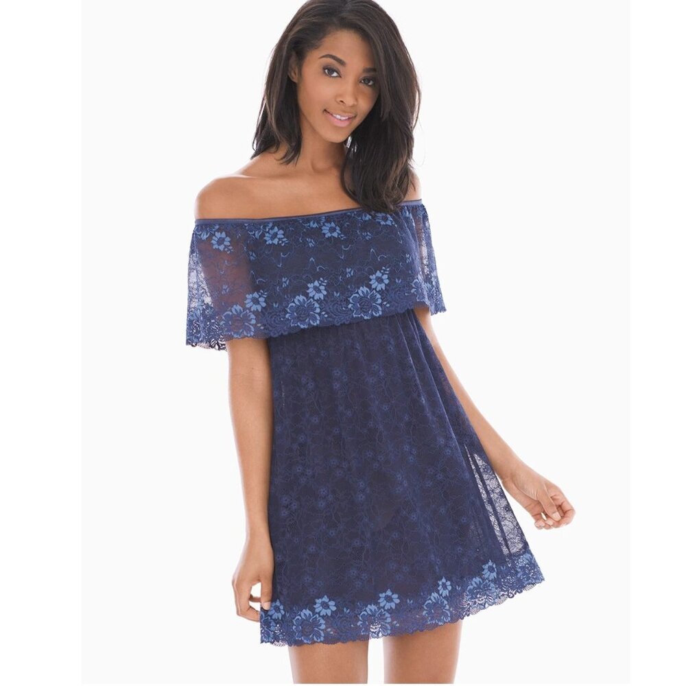 Off-Shoulder Navy Lace Midi Gown/Chemise